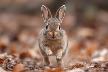 Fototapeta premium Running brown rabbit in autumn leaves, adorable animal wildlife portrait, Generated AI