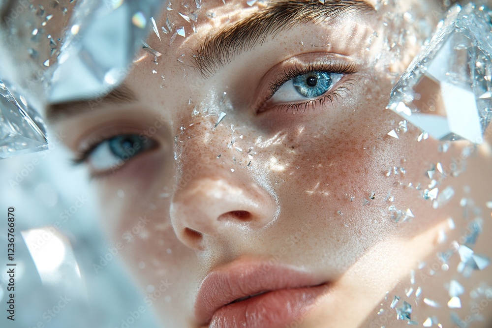 Poster this creative portrait features a subject's face surrounded by fragmented reflections and vibrant li