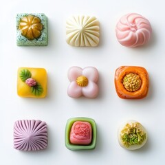Colorful Japanese Wagashi Sweets Arranged in an Elegant Display
