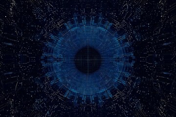 Abstract close-up of a glowing blue digital circuit board, showcasing intricate connections and technological design on a black background.
