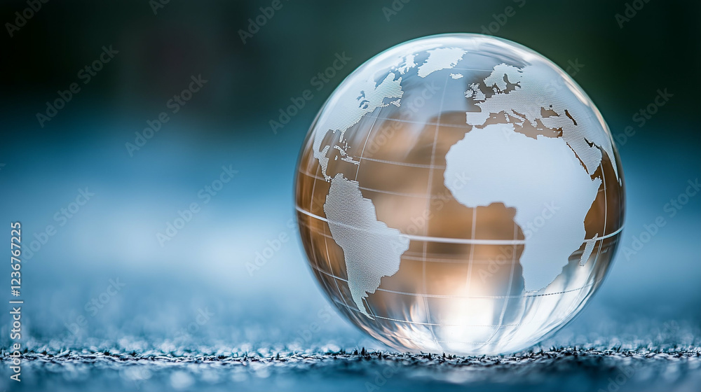 Poster glass globe with world map on a dark surface. glass globe showing world map. globe on dark backgroun