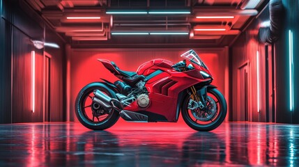 Fototapeta premium Red Sportbike In Neon Lit Garage Setting