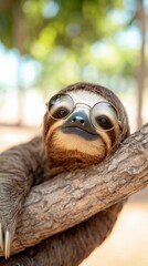 Naklejka premium Sloth wearing sunglasses relaxing on tree branch in urban park animal nature setting close-up view