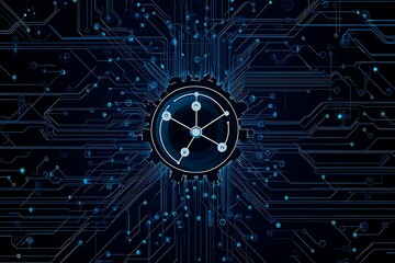 Abstract close-up of a glowing blue digital circuit board, showcasing intricate connections and technological design on a black background.
