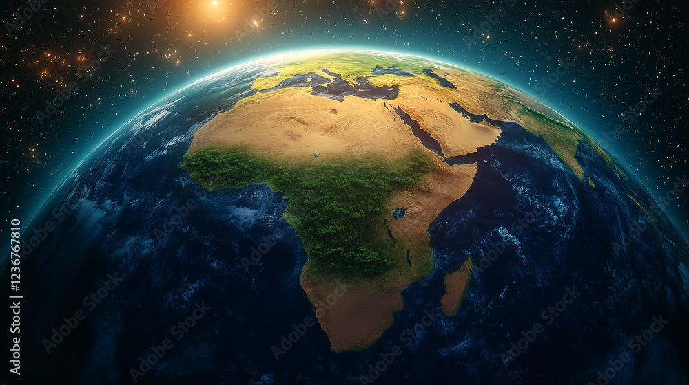 Poster earth view from space showing continent details and planet features with starry background
