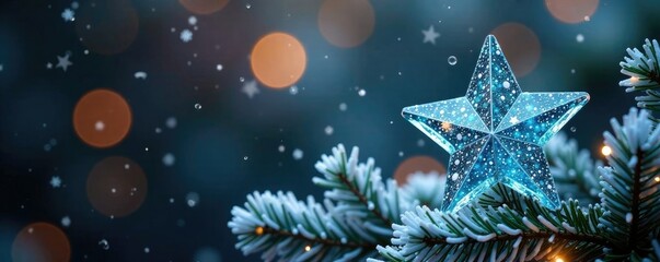 Fototapeta premium Icy glass star decorations on a snowy tree top, Christmas tree, shine
