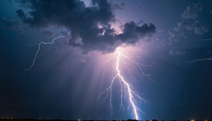 Dramatic lightning strikes during a storm against a dark cloudy sky