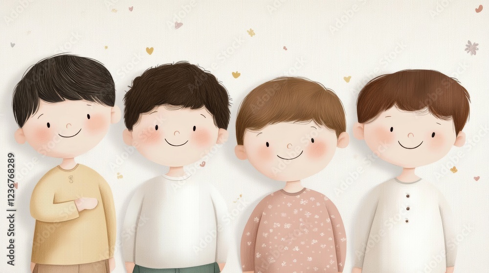 Poster background design featuring happy boys smiling together in a playful atmosphere with soft colors and
