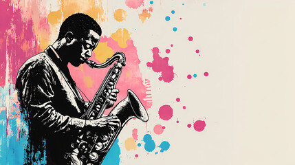 musician playing saxophone with colorful splashes in background