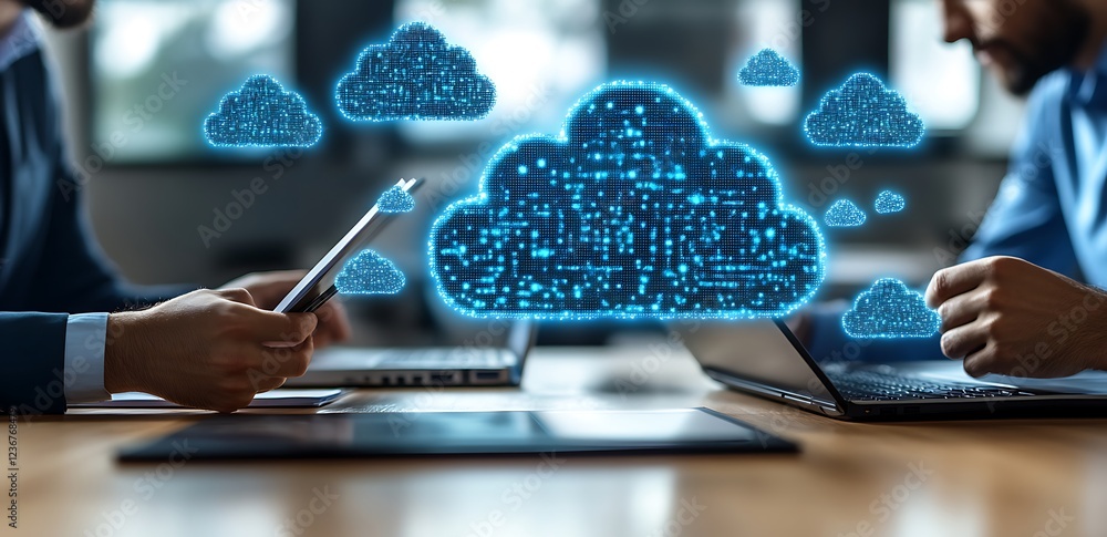 Poster two businessmen using laptops with a glowing digital cloud graphic between them, symbolizing cloud c