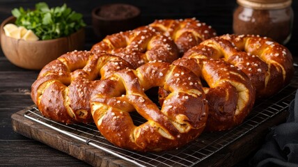 Snack foods pretzels organic concept. Warm, golden-brown pretzels topped with coarse salt, served on a cooling rack, accompanied by condiments and fresh herbs.