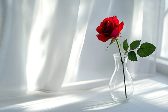 minimalist concept of single red rose in a glass on white environment