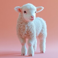 Fototapeta premium Playful lamb standing against a pastel background during a calm indoor setting
