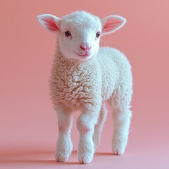 Fototapeta premium Cute fluffy lamb standing on a soft pink background, showcasing its playful nature and adorable features in a serene indoor setting