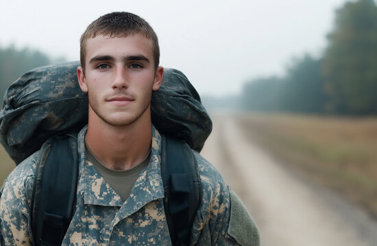 young army recruit carrying a heavy backpack, walking alone along a dirt road with determination in his eyes

