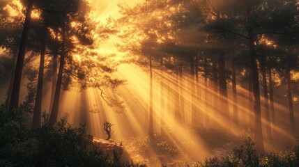 Golden Rays of Dawn Piercing Through the Misty Forest