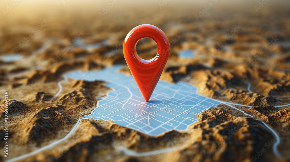 Poster red map pin on a map. location marker on a map. map pin on a detailed terrain map