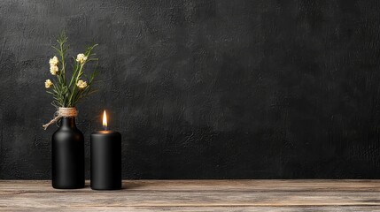 Dark background, lit candle, flowers in vase, wooden surface; condolence card