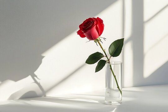 minimalist concept of single red rose in a glass on white environment