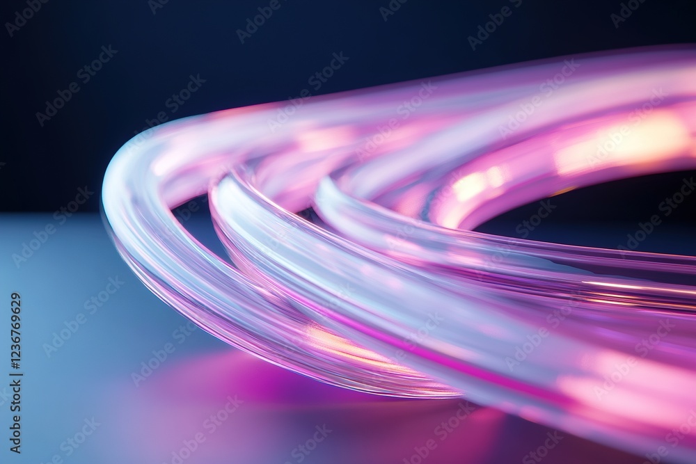 Poster vibrant streaks of light curve and bend, refracted through a lens against a dark background. this co