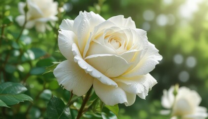 Fototapeta premium Macro shot of white rose bloom with blurred green nature background, petal, nature, macro, bloom