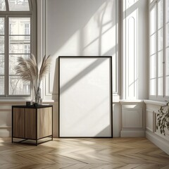 A mockup of an A4 frame leaning against the wall in a modern apartment