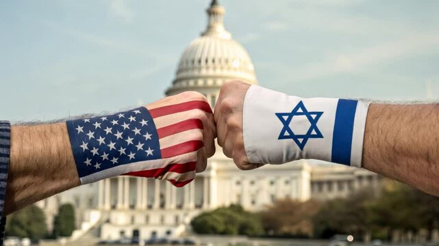 American and Israeli Fists Clashing, Symbolizing Tension, Power, and Geopolitical Struggles.