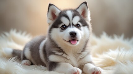 Obraz premium A cute, fluffy puppy with striking markings lays on a soft surface, exuding charm and playfulness.