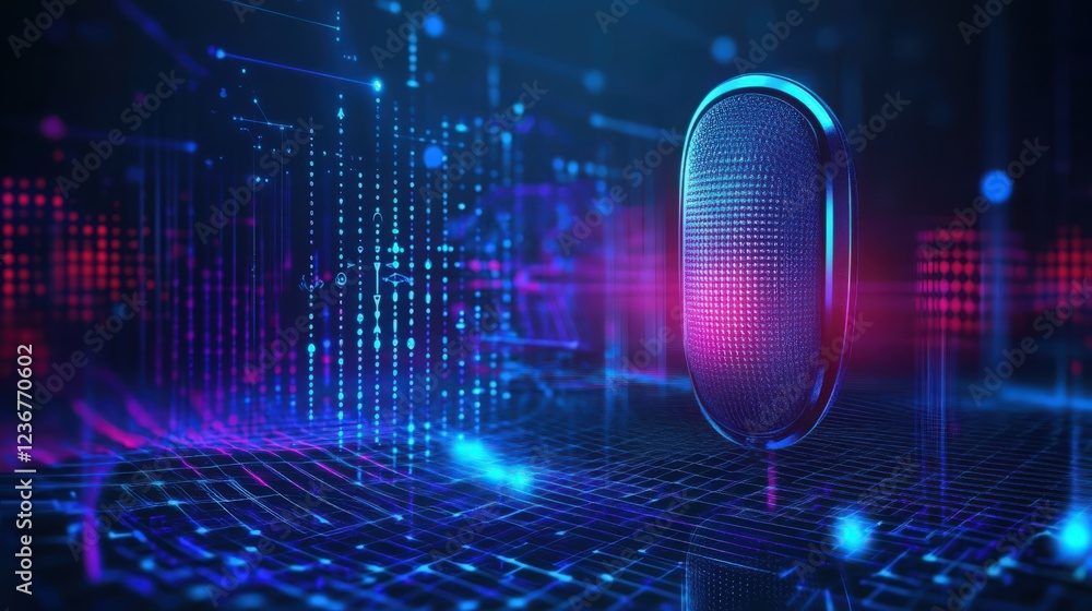 Aufkleber futuristic microphone with digital data stream glowing in cyberpunk style