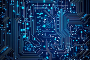 Abstract close-up of a glowing blue digital circuit board, showcasing intricate connections and technological design on a black background.
