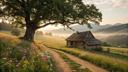 Fototapeta premium Rustic Wooden Hut Under Ancient Tree in Serene Meadow with Golden Sunset