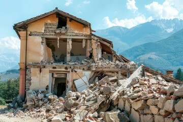Collapsed house in rubble and debris after a devastating earthquake in a mountain village