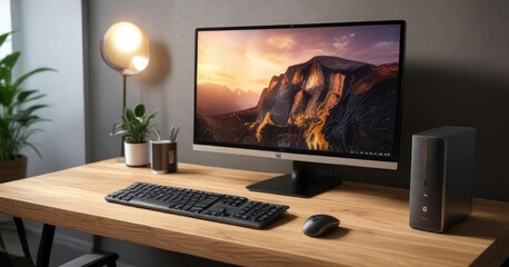 Fototapeta premium Modern desktop computer setup on wooden table, workspace, desktop, office