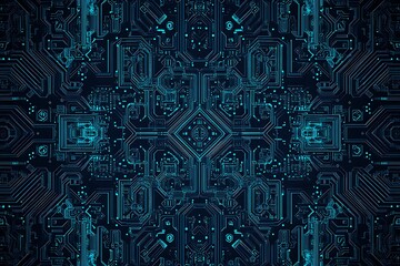 Abstract close-up of a glowing blue digital circuit board, showcasing intricate connections and technological design on a black background.
