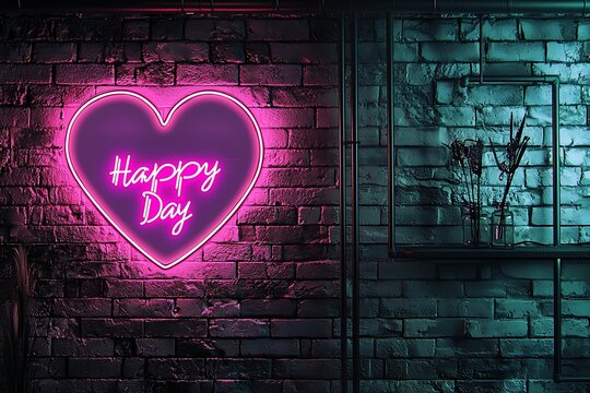 neon style valentines day sign glowing pink heart with brick wall
