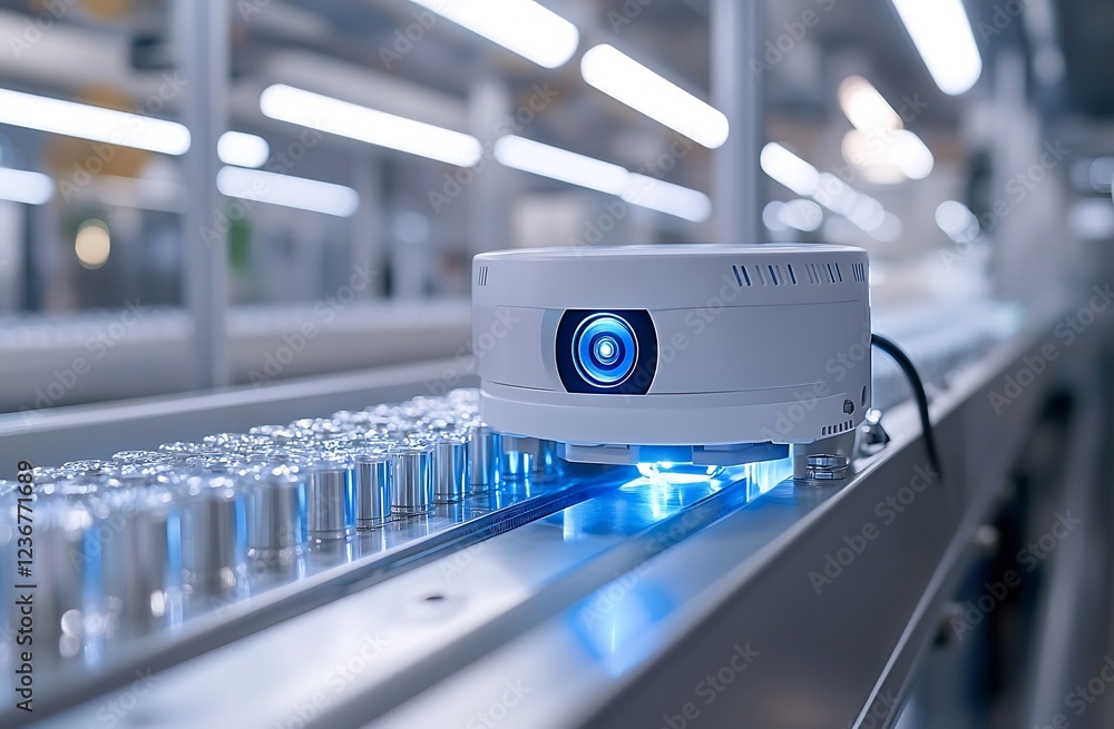 Poster automated industrial inspection system using a robotic device with a blue light on a conveyor belt w