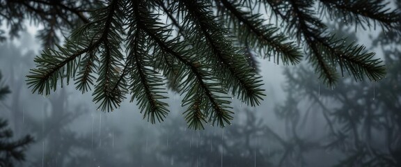 Obraz premium Moody image of winter rain drops on pine tree branches, nature, close-up, atmosphere, dark background