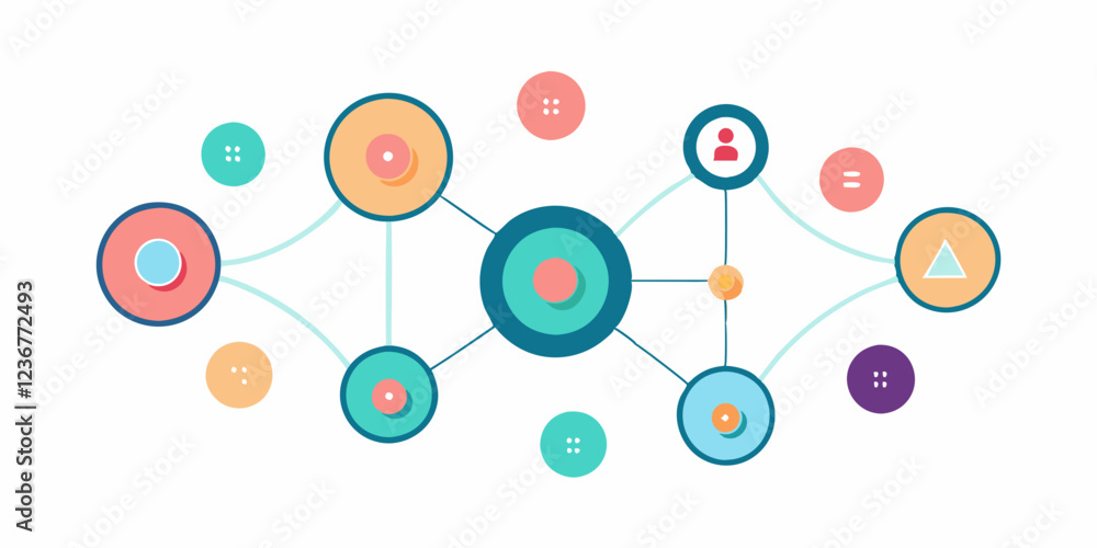 Poster abstract network graphic with connected circles, representing connections, data, and relationships. 