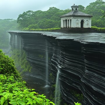 Scenic View of Shivling Point at Bhimashankar: Lush Greenery, Monsoon Mist, Majestic Cliffs, Unique Temple Architecture, Waterfalls, in India&acirc;&euro;&trade;s Western Ghats