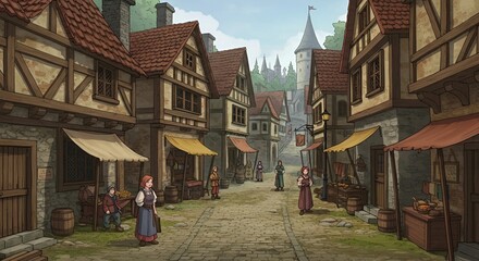 Fototapeta premium A charming 2D illustration of a cartoon-style old town, with cobblestone streets, traditional buildings, and a nostalgic atmosphere.
