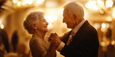 Elderly couple dancing at an elegant ballroom under soft golden lighting. Senior man and woman dressed in formal attire, spouses in love.