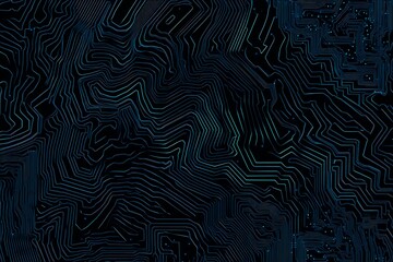 Obraz premium Abstract close-up of a glowing blue digital circuit board, showcasing intricate connections and technological design on a black background. 