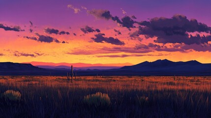 Obraz premium Vibrant sunset over desert plains, distant mountains, tranquil landscape, ideal for travel brochures