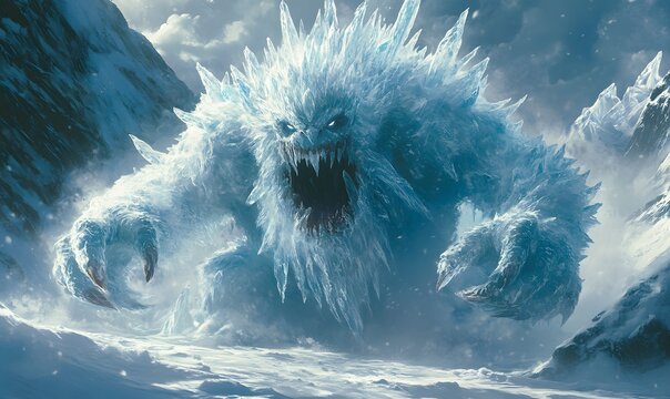 A formidable ice monster with sharp teeth and claws emerges from a snowy landscape