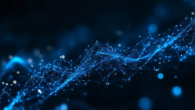 Abstract blue digital wave, glowing particles, network connection. - Powered by Adobe