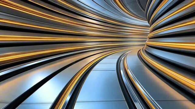 Futuristic curved gold tunnel with dynamic light reflections in motion