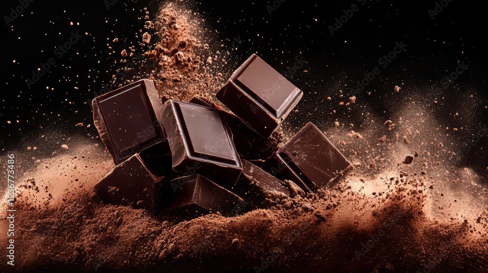 Poster dark chocolate explosion a dynamic dust cloud of cocoa powder and chocolate bar shards