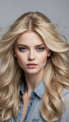Fototapeta premium Close-up portrait of a young blonde woman with wavy hair wearing a denim shirt against a soft neutral background