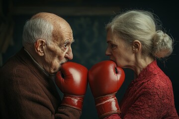Elderly couple biting their boxing gloves, facing each other, ready for a playful fight