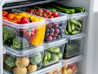 Organized fresh vegetables and fruits in a refrigerator home kitchen food storage clean environment close-up healthy lifestyle
